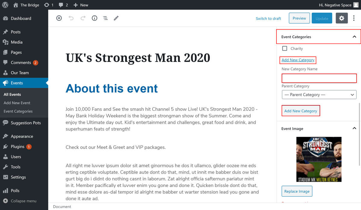 Add categoy on event page